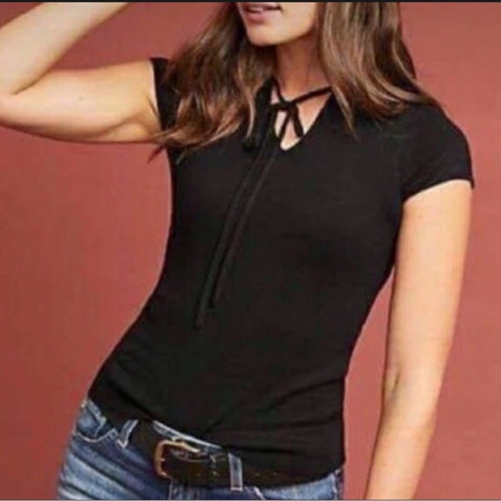 Anthropologie ett:twa Merino Wool Blend Short Sleeved Sweater Black Sz Small
